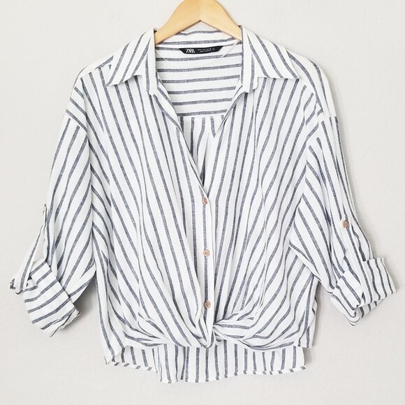 Zara Striped Linen Blend Knotted Twist Front Button Front Shirt Size S White - Picture 6 of 16